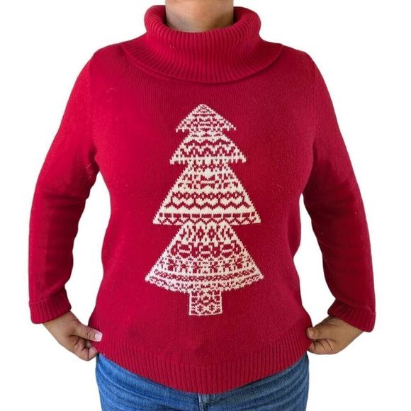 Talbot Velvet Red White Christmas Tree Oversized Turtle Cowl Neck Sweater Size L - Picture 2 of 6